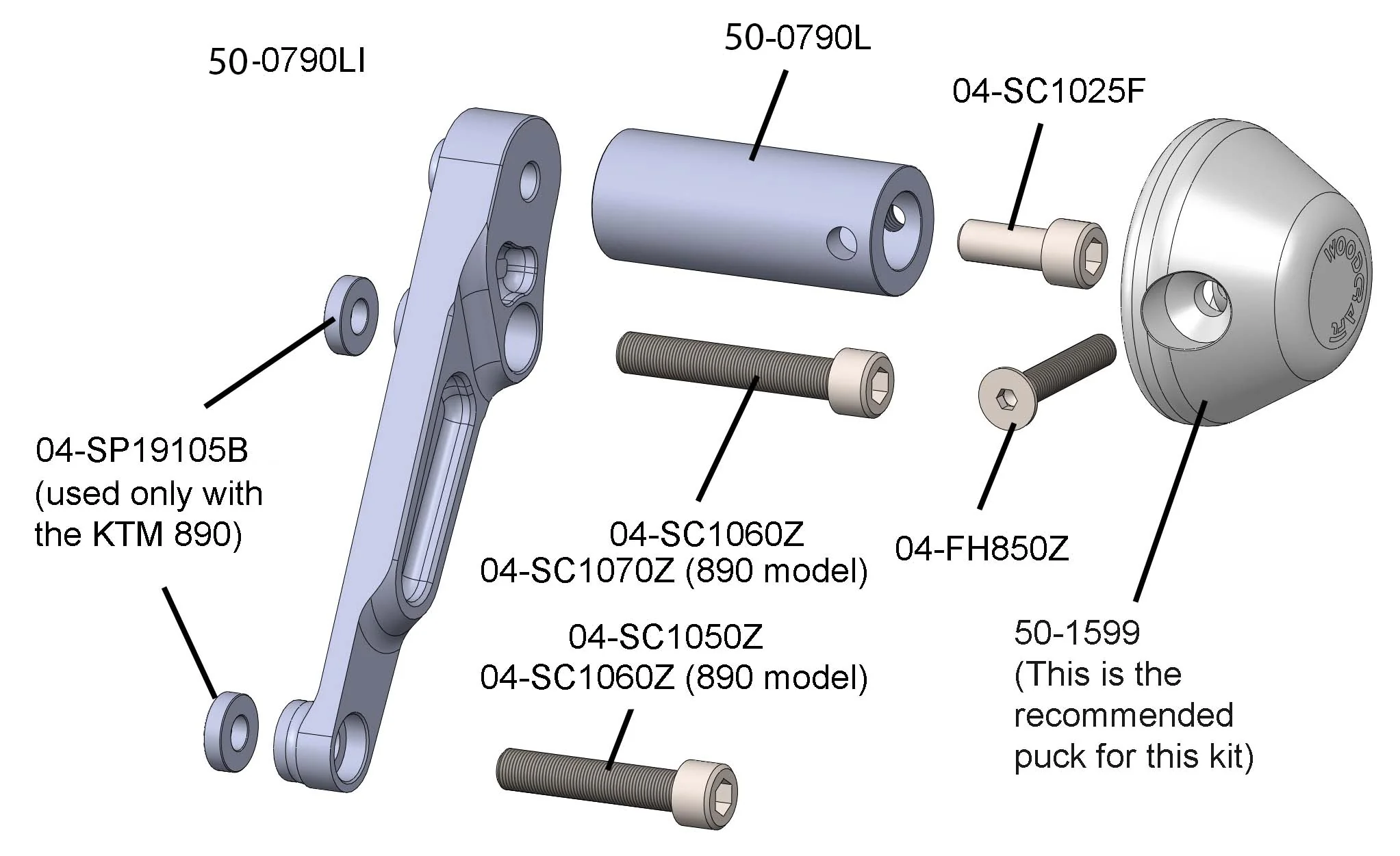 50-0790 KTM Duke 790, Duke 890 Frame Slider Kit  w/ pucks - Image 3